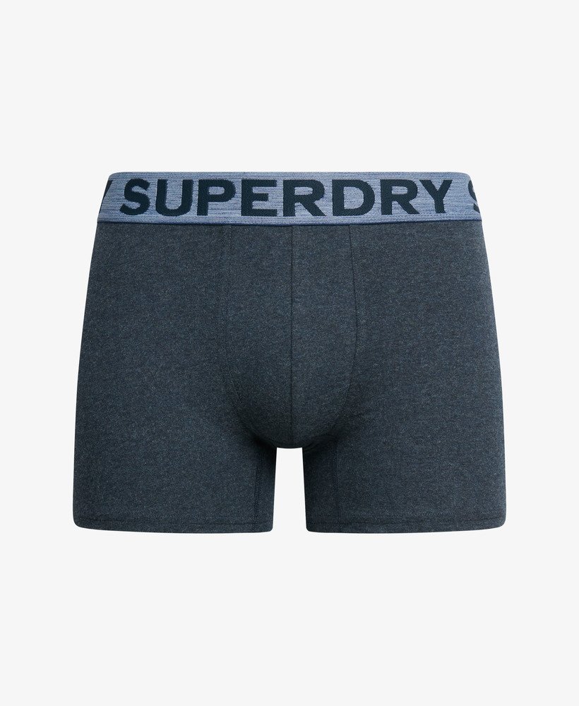 pacote com três cuecas boxer de algodão orgânico nas cores cinza marinho fosco cinza Índigo mesclado e azul marinho mesclado.
