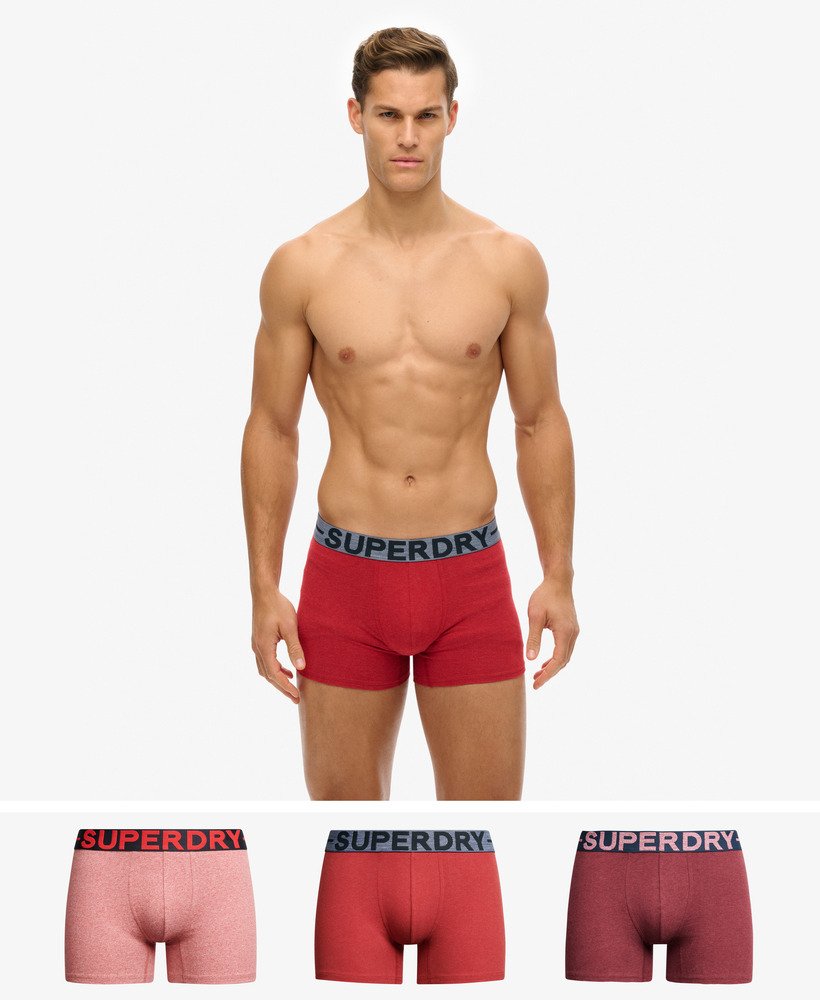 pacote com três cuecas boxer de algodão orgânico nas cores vermelho mesclado berry red marl vermelho mesclado hike red marl e vermelho granulado mid red grit.