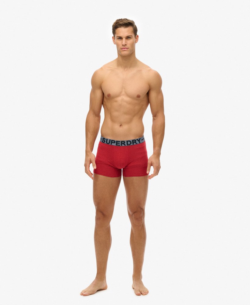 pacote com três cuecas boxer de algodão orgânico nas cores vermelho mesclado berry red marl vermelho mesclado hike red marl e vermelho granulado mid red grit.