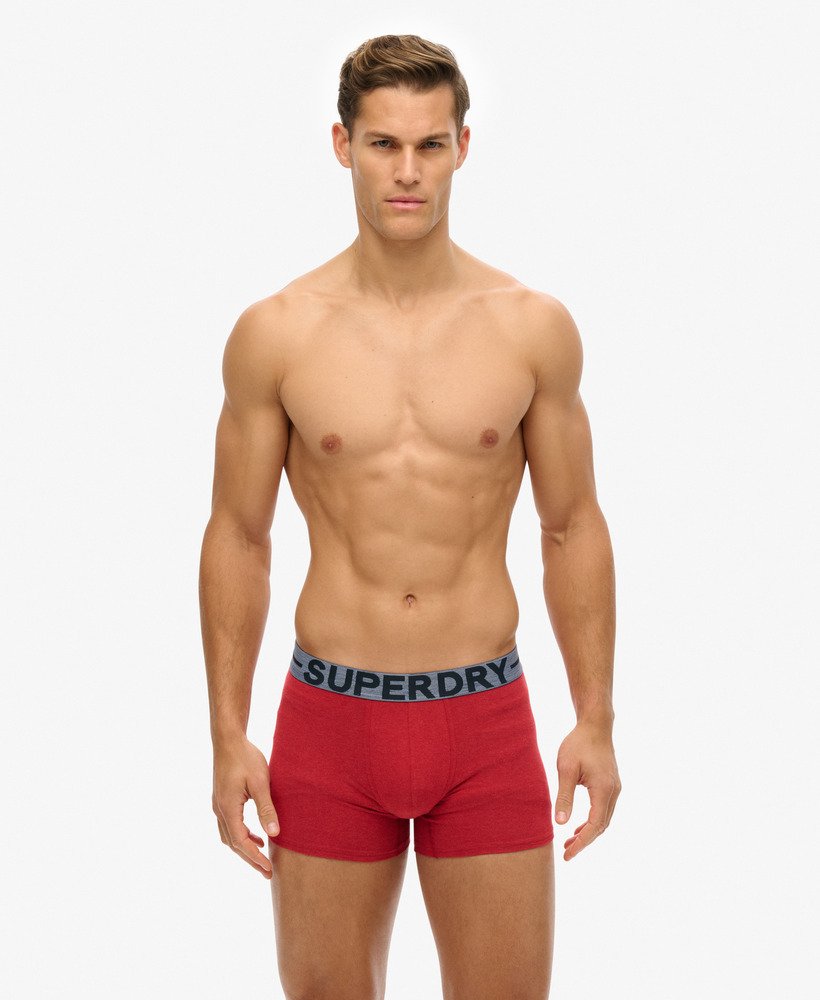 pacote com três cuecas boxer de algodão orgânico nas cores vermelho mesclado berry red marl vermelho mesclado hike red marl e vermelho granulado mid red grit.