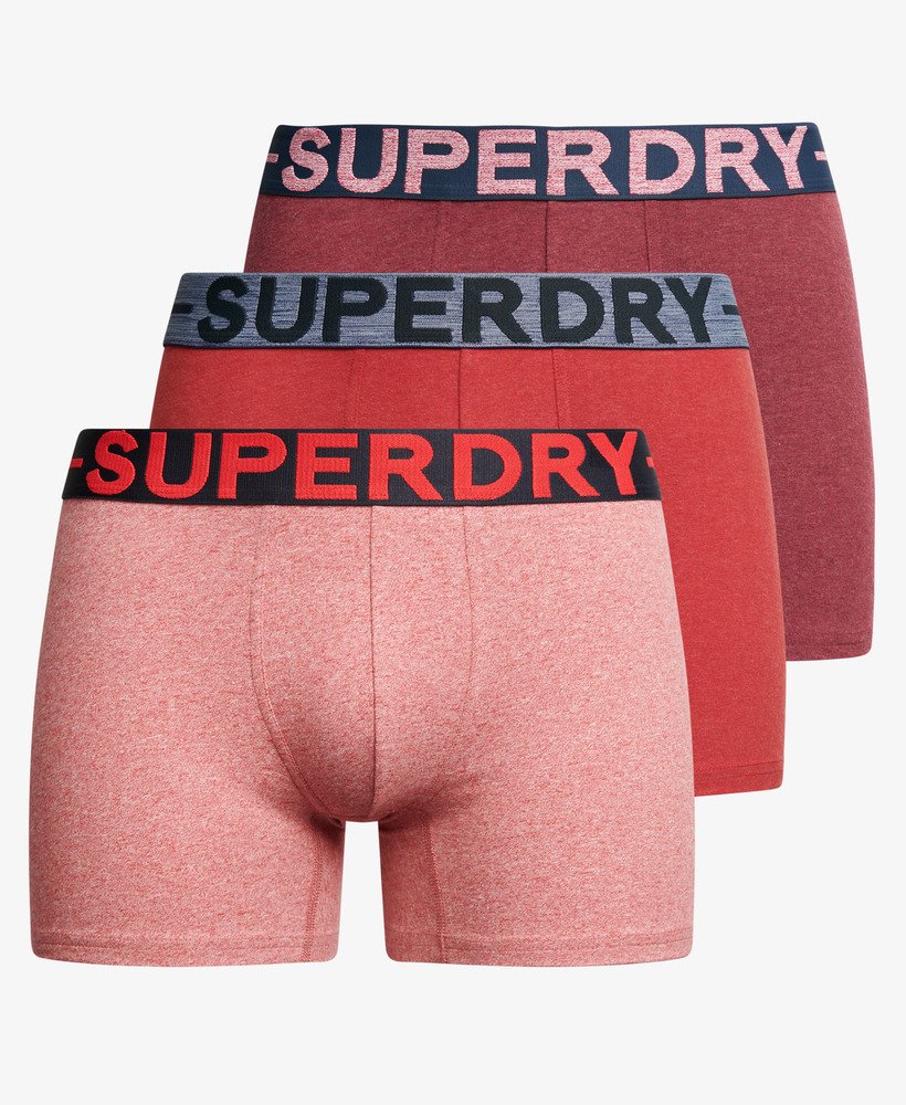 pacote com três cuecas boxer de algodão orgânico nas cores vermelho mesclado berry red marl vermelho mesclado hike red marl e vermelho granulado mid red grit.